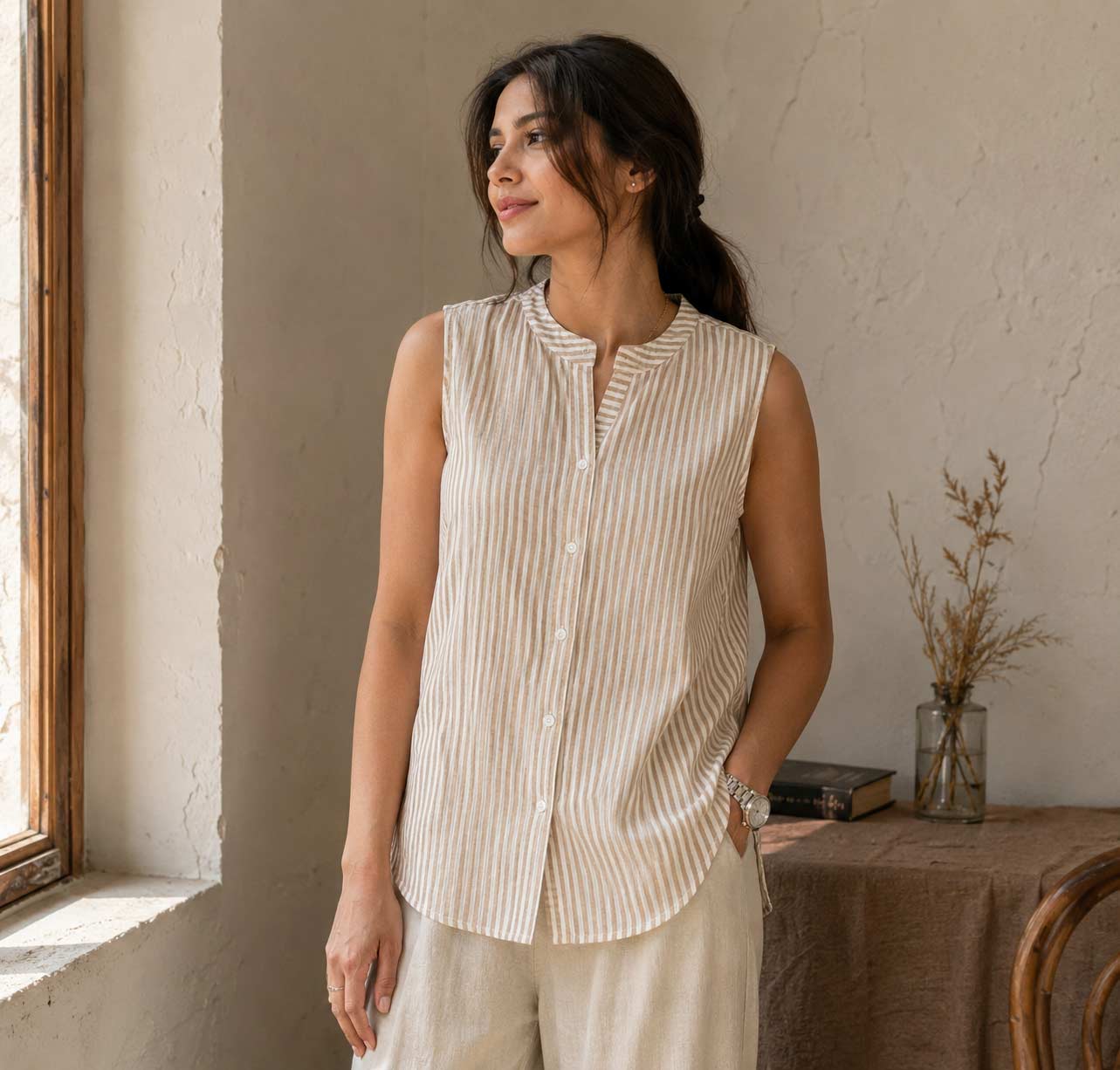 Women's Sleeveless Striped Cotton Blend Top