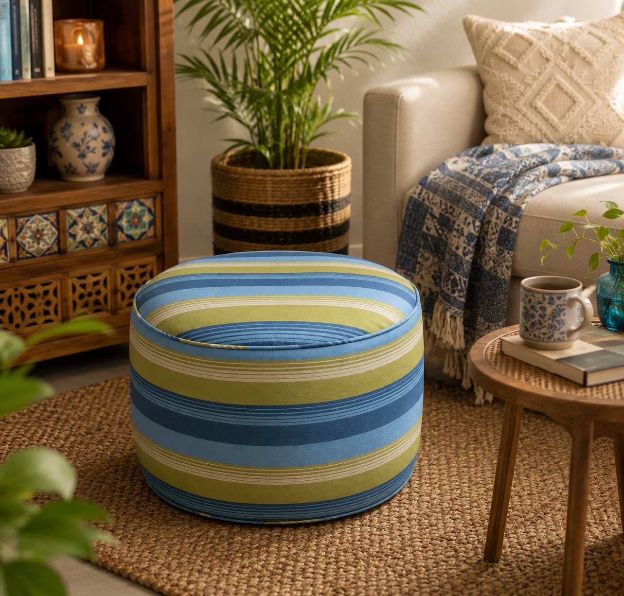 Coastal Stripe Pouf Ottoman – Blue & Sage Green Floor Seat
