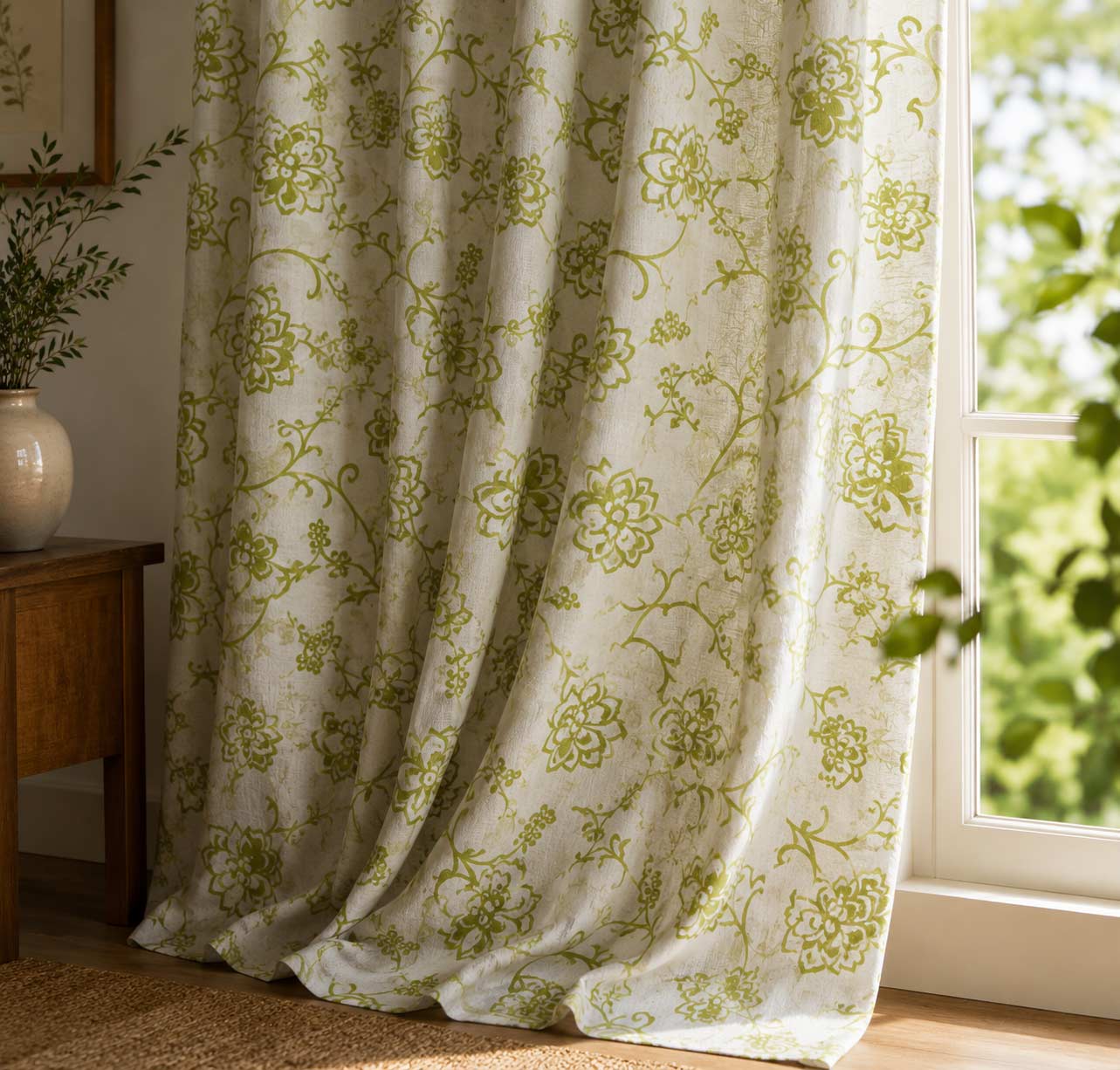 Elegant Green Floral Vine Curtain Fabric